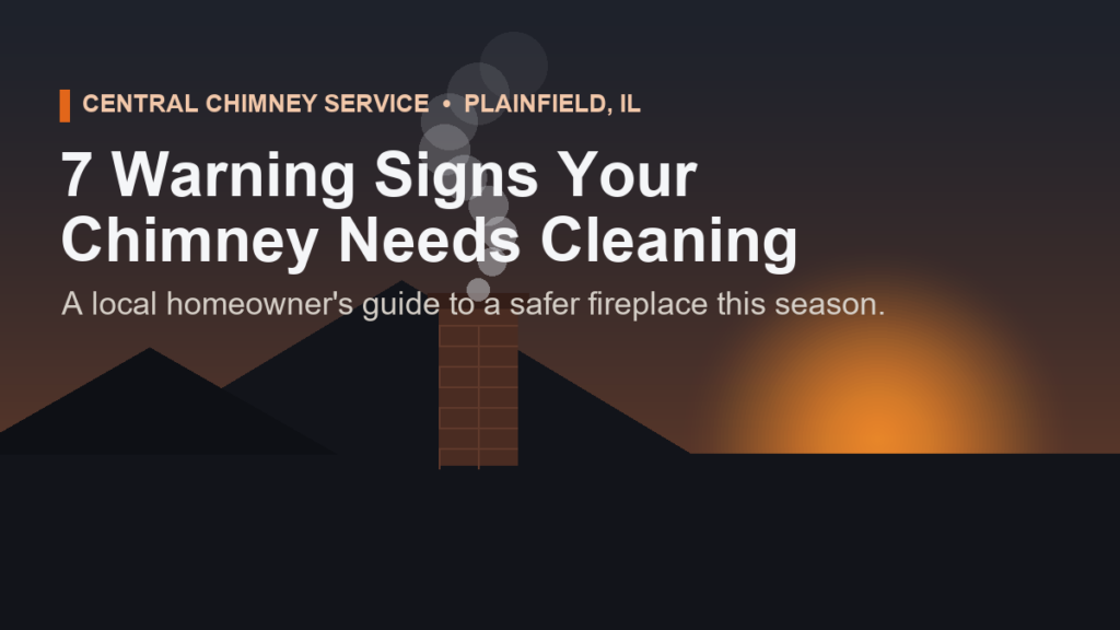 Brick chimney with rising smoke on a Plainfield rooftop at dusk — 7 warning signs your chimney needs cleaning.
