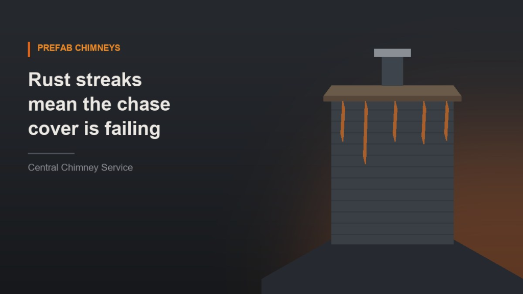 Illustration of a sided chimney chase with a rusting metal chase cover and rust streaks