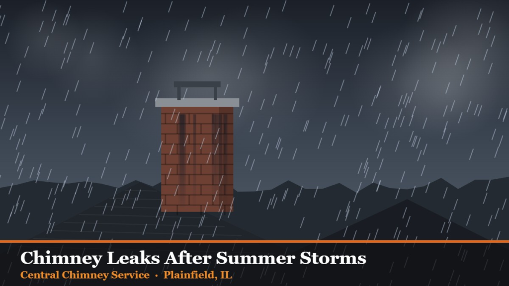 Rain-soaked brick chimney with water staining on a suburban rooftop during a summer thunderstorm
