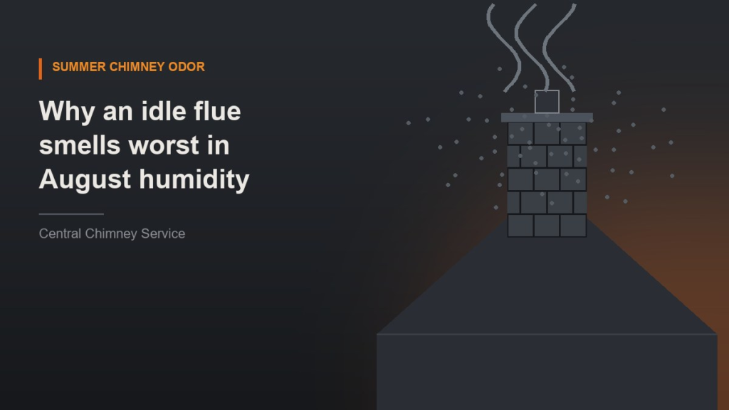 Illustration of a brick chimney above a rooftop with drifting smoke and humidity particles