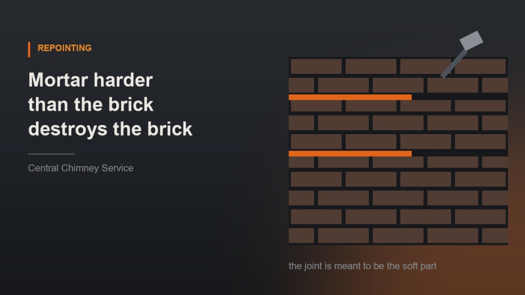 Illustration of brick courses with two mortar joints raked out and a pointing trowel