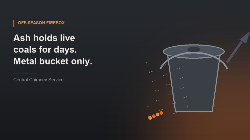Illustration of a lidded metal ash bucket and shovel with glowing embers beside it