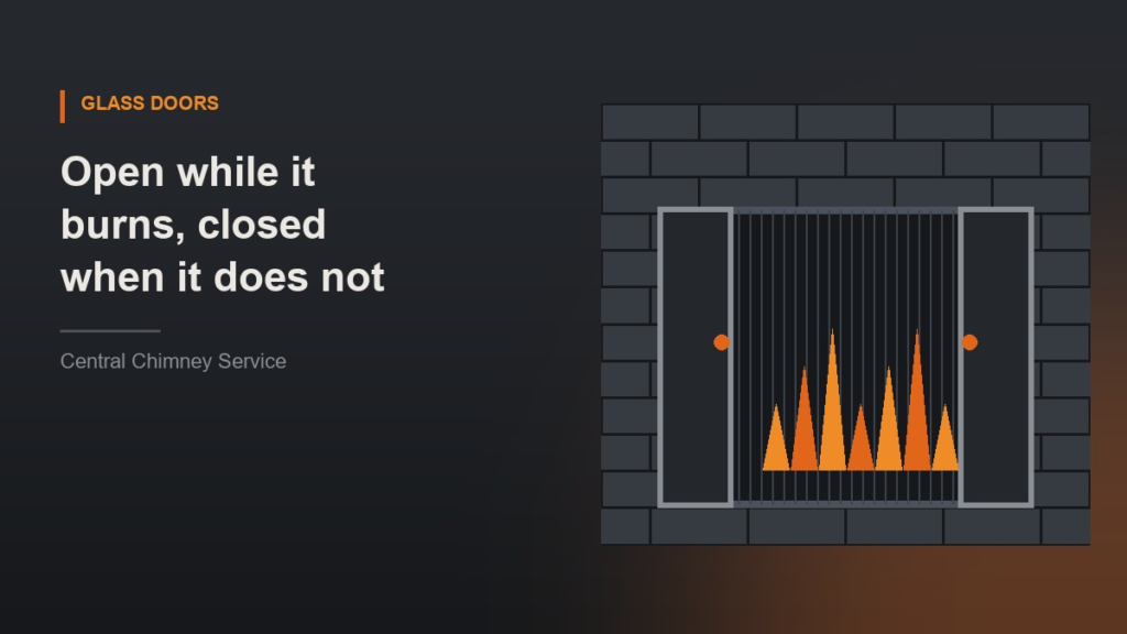 Illustration of a masonry fireplace with glass doors open and the mesh screen drawn across