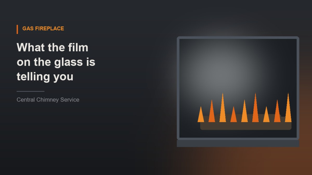 Illustration of a direct-vent gas fireplace glass panel with haze across one corner