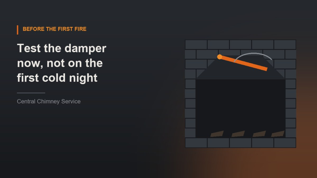Illustration of a fireplace throat with the damper plate partly open above the firebox