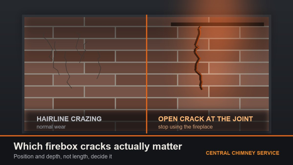 Firebox brick wall comparing harmless hairline crazing with an open crack at the damper joint