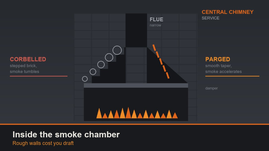 Cutaway diagram comparing a corbelled stepped smoke chamber with a parged smooth taper above a fireplace damper